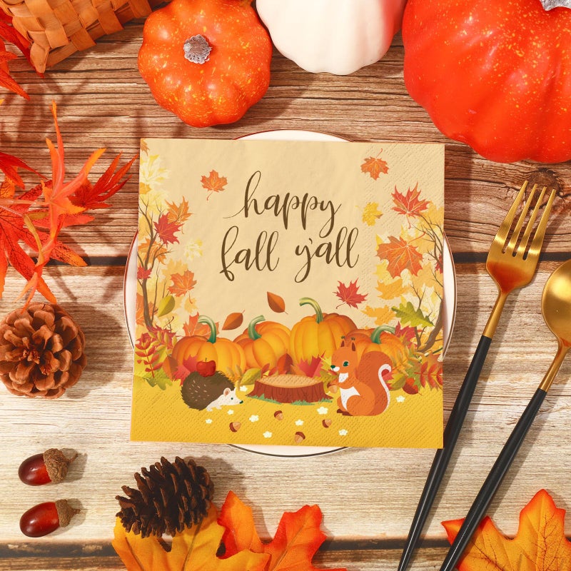 وولاين Whaline 80 حزمة من المناديل ذات طابع الخريف، مقاس 6.5 × 6.5 بوصة، مناديل أوراق الخريف الملونة على شكل يقطين للاستعمال مرة واحدة، مناديل غداء وعشاء للاستعمال مرة واحدة من أجل احتفالات عيد الشكر، وجمع لوازم ديكور الطاولة - Image 4